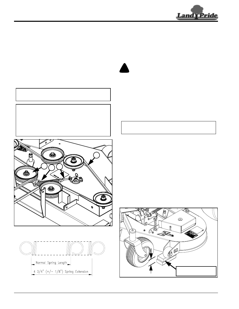 Deck drive belt adjustment, Deck leveling & height adjustments, Warning | Table of contents deck drive belt adjustment | Land Pride ZXT60 User Manual | Page 28 / 62