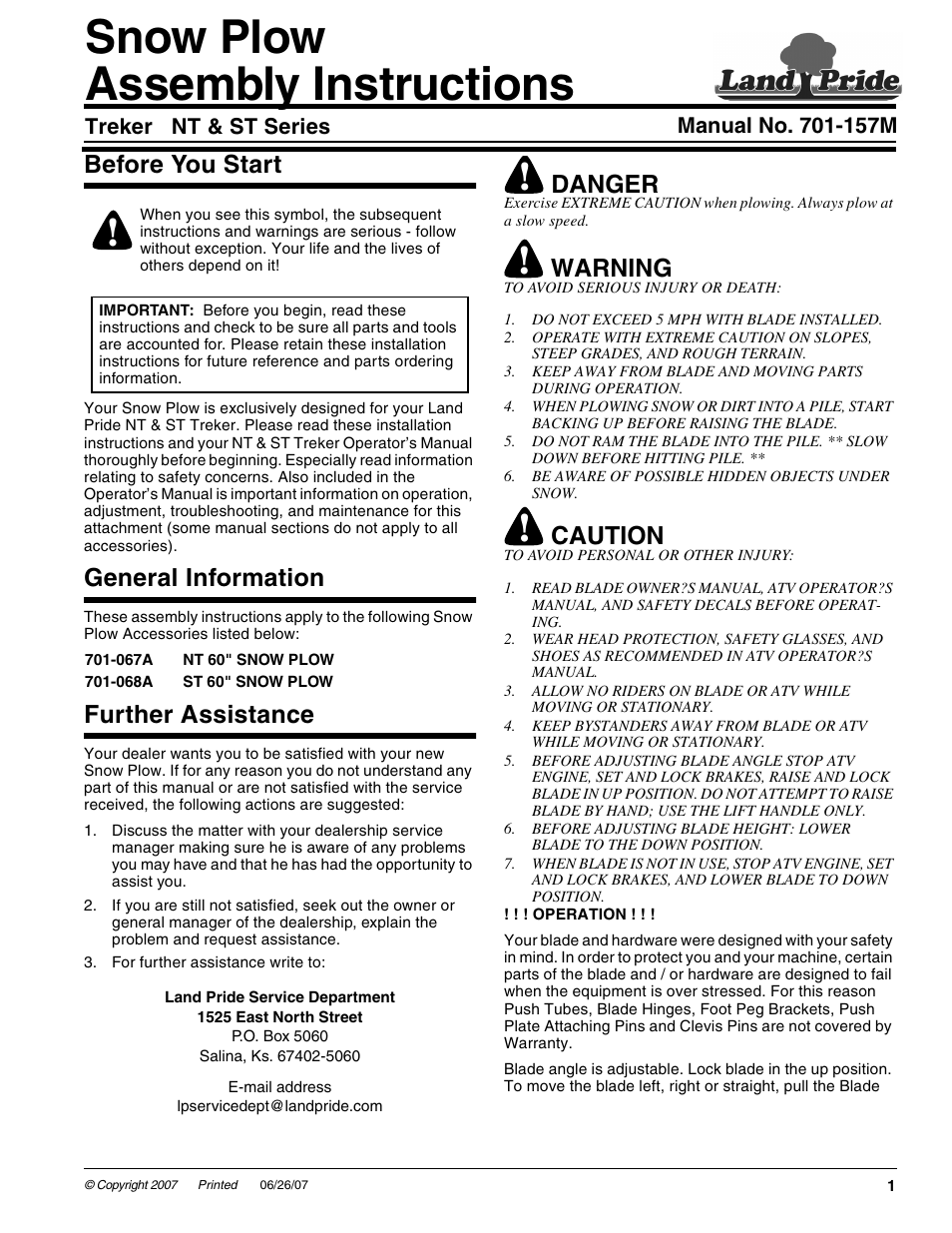 Land Pride Snow Plow User Manual | 10 pages