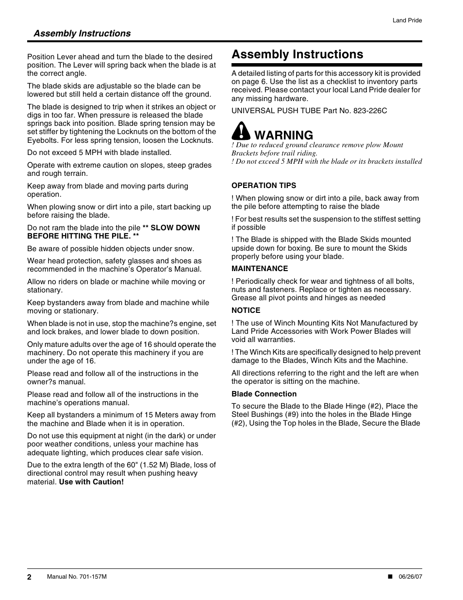Assembly instructions, Warning | Land Pride Snow Plow User Manual | Page 2 / 10