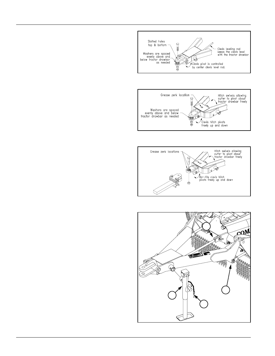 Hitch types, Standard clevis hitch, Double swivel clevis hitch (optional) | Bar-tite hitch (optional), Hitch assembly, Table of contents hitch types | Land Pride RCM6015 User Manual | Page 14 / 46