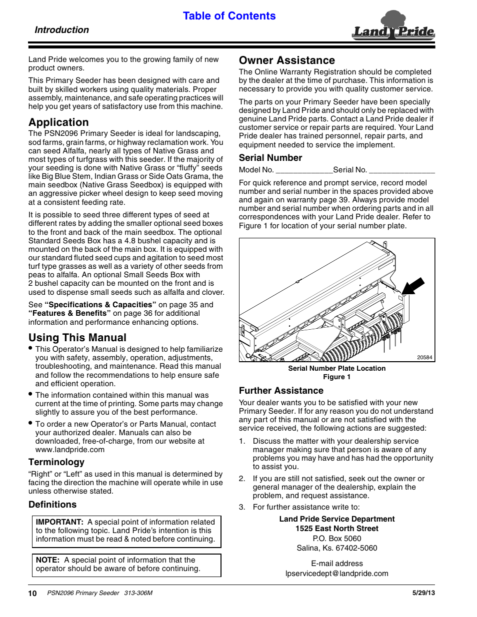 Introduction, Application, Using this manual | Terminology, Definitions, Owner assistance, Serial number, Further assistance, Application using this manual, Terminology definitions | Land Pride Primary Seeders PSN2096 User Manual | Page 12 / 42