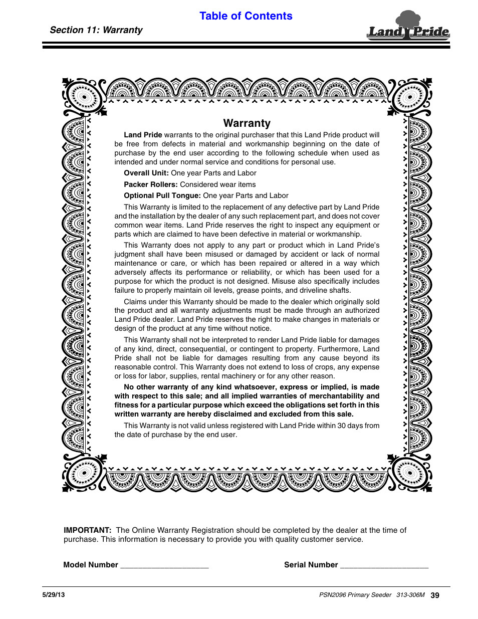 Land Pride Primary Seeders PSN2096 User Manual | Page 41 / 42