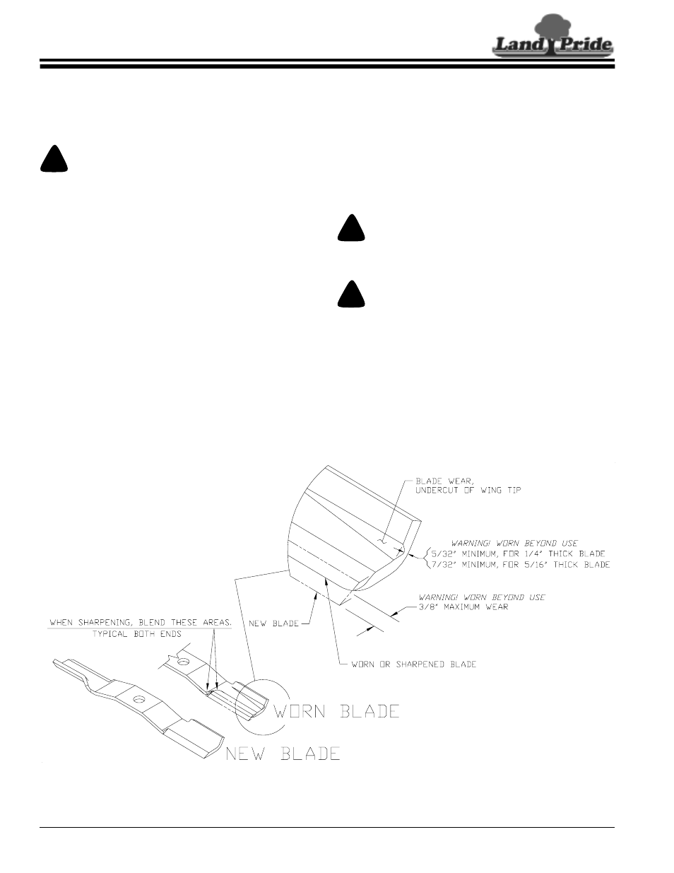 Section 4: maintenance & lubrication, Maintenance, Service mowing blades | Blade inspection, Maintenance service mowing blades, Caution, Warning | Land Pride AT2672 User Manual | Page 16 / 26