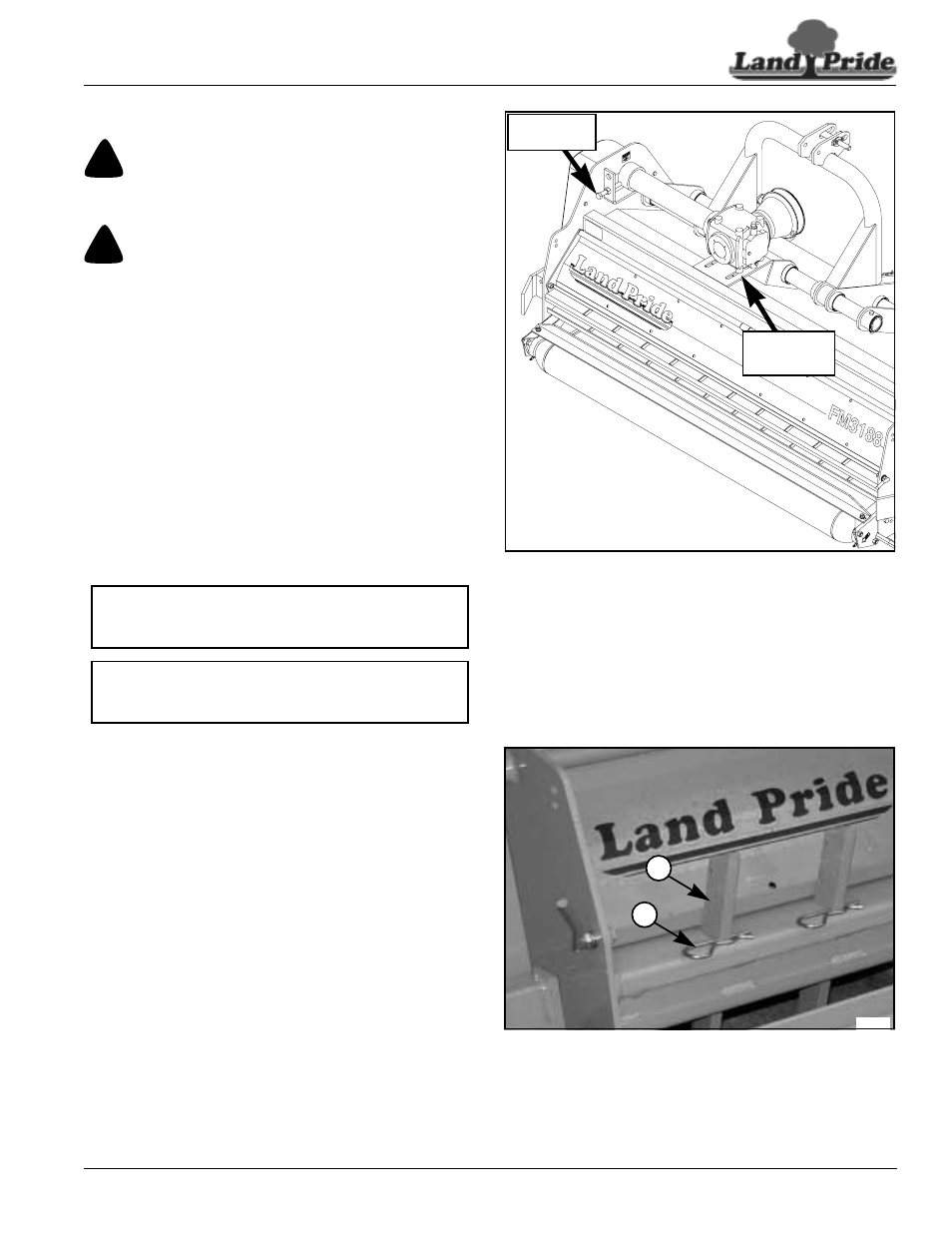 Belt tension adjustment, Brush rake teeth adjustment, Caution | Warning, Table of contents belt tension adjustment | Land Pride FM3188 User Manual | Page 19 / 30