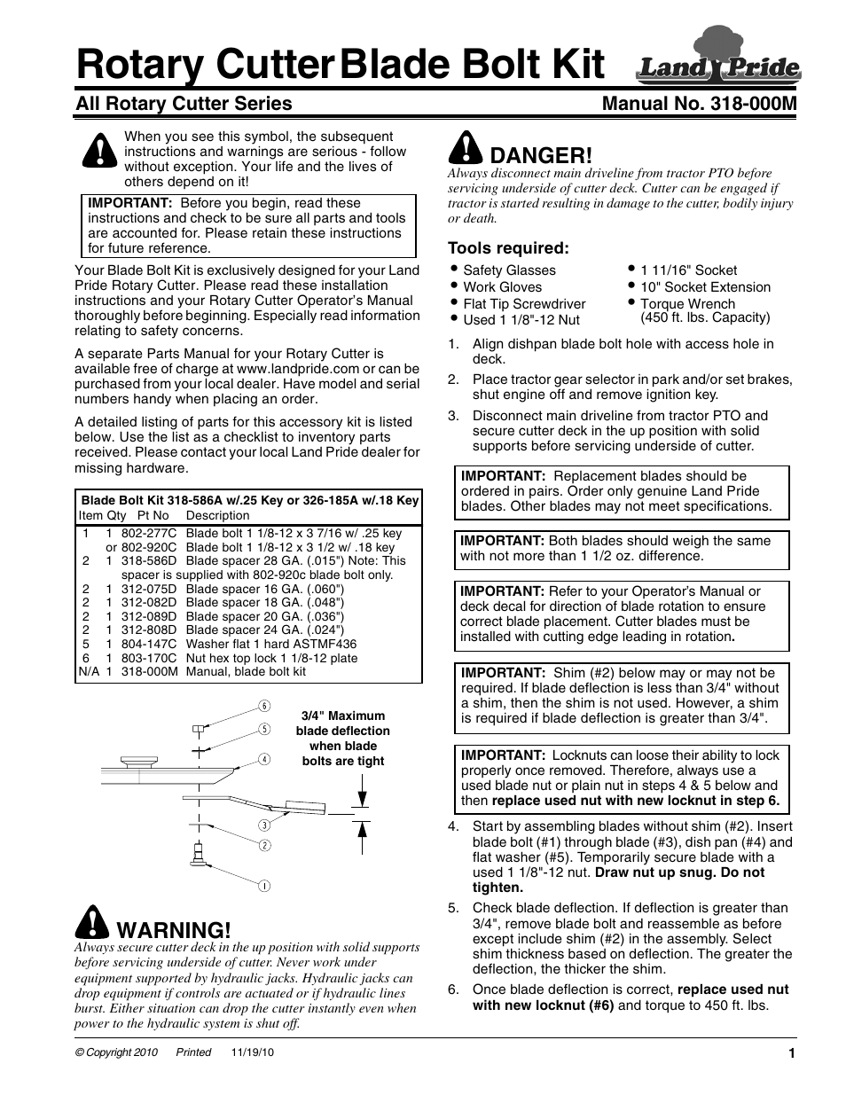 Land Pride 318-586A User Manual | 1 page