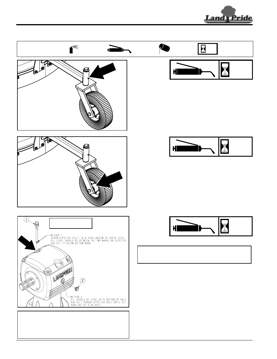 Lubrication points, Gauge wheel spindle tube, Gauge wheel hub | Gearbox, Gauge wheel spindle tube gauge wheel hub gearbox, Table of contents lubrication points, Hours | Land Pride Rotary Cutters RCR1884 User Manual | Page 30 / 38