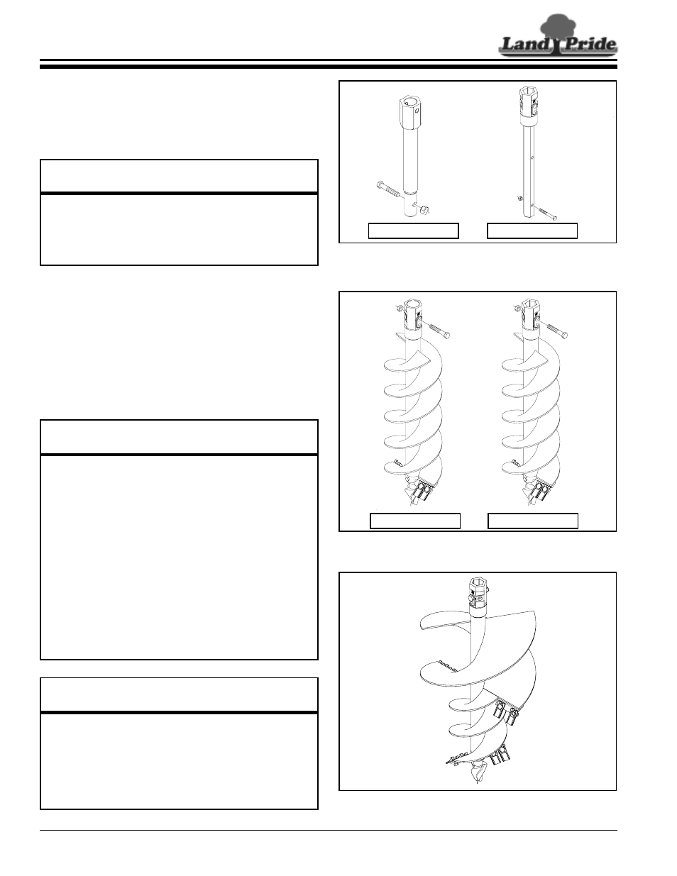 Section 3: optional equipment, Auger extension, Augers | Section 3: optional equipment, Auger extension augers, Table of contents auger extension, Land pride auger extensions, Land pride standard augers, Land pride tree augers | Land Pride SA35 User Manual | Page 16 / 24