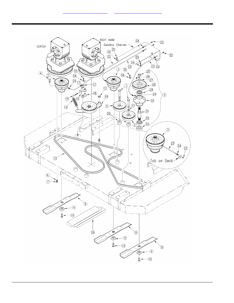 Belt drive center and right hand deck (s/n, Table of contents part number index | Land Pride AFM40168 User Manual | Page 46 / 120