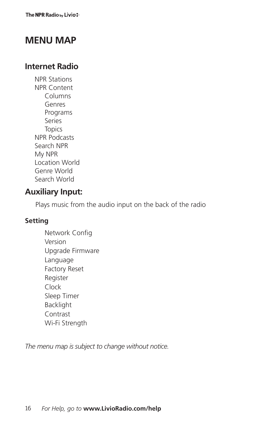 Menu map, Internet radio, Auxiliary input | Livio Radio LV002 User Manual | Page 18 / 28