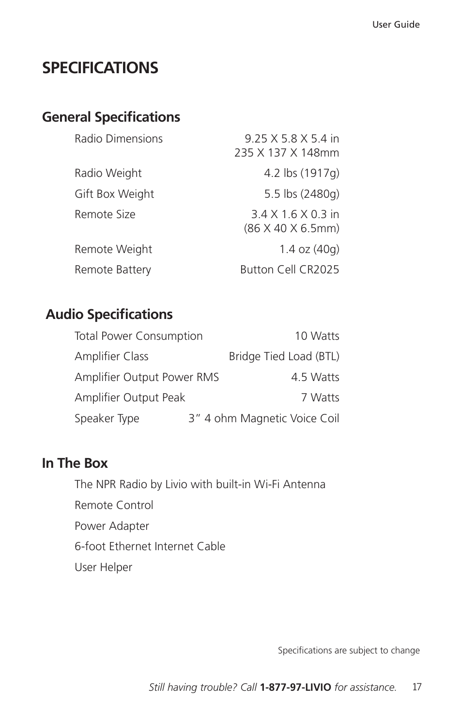 Specifications, General specifications, Audio specifications | Livio Radio LV002 User Manual | Page 19 / 28