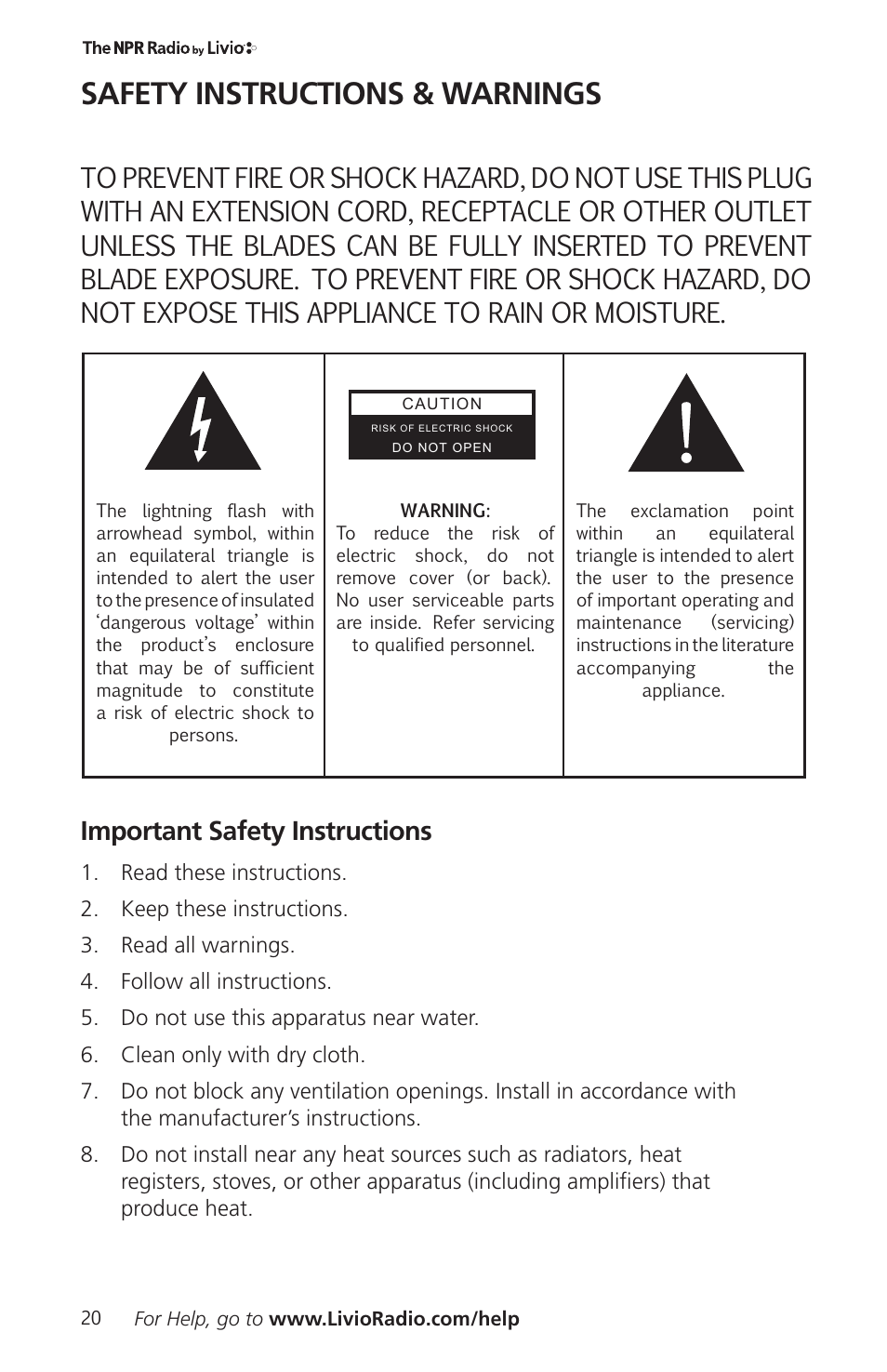 Safety instructions & warnings | Livio Radio LV002 User Manual | Page 22 / 28