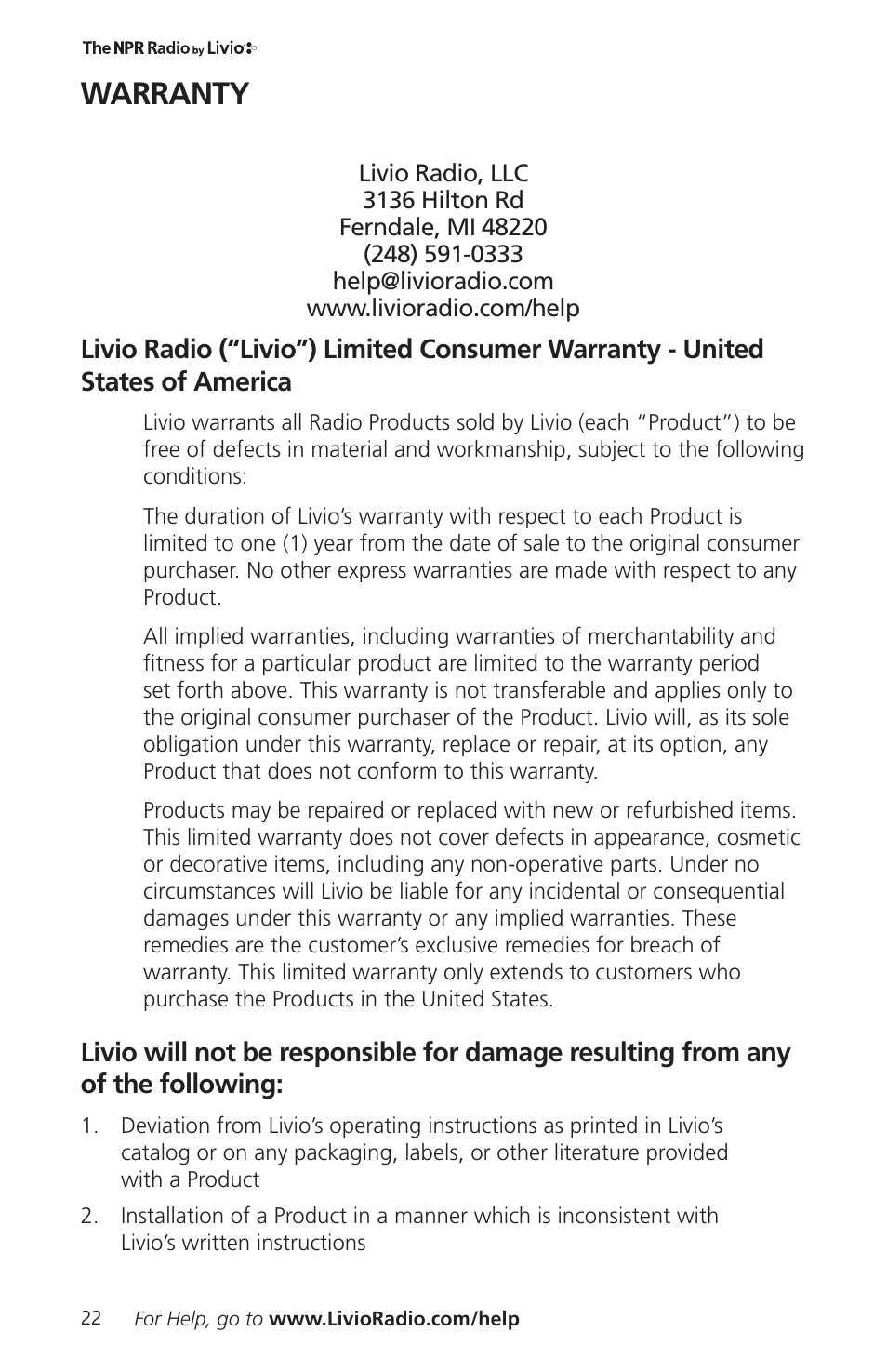 Warranty | Livio Radio LV002 User Manual | Page 24 / 28