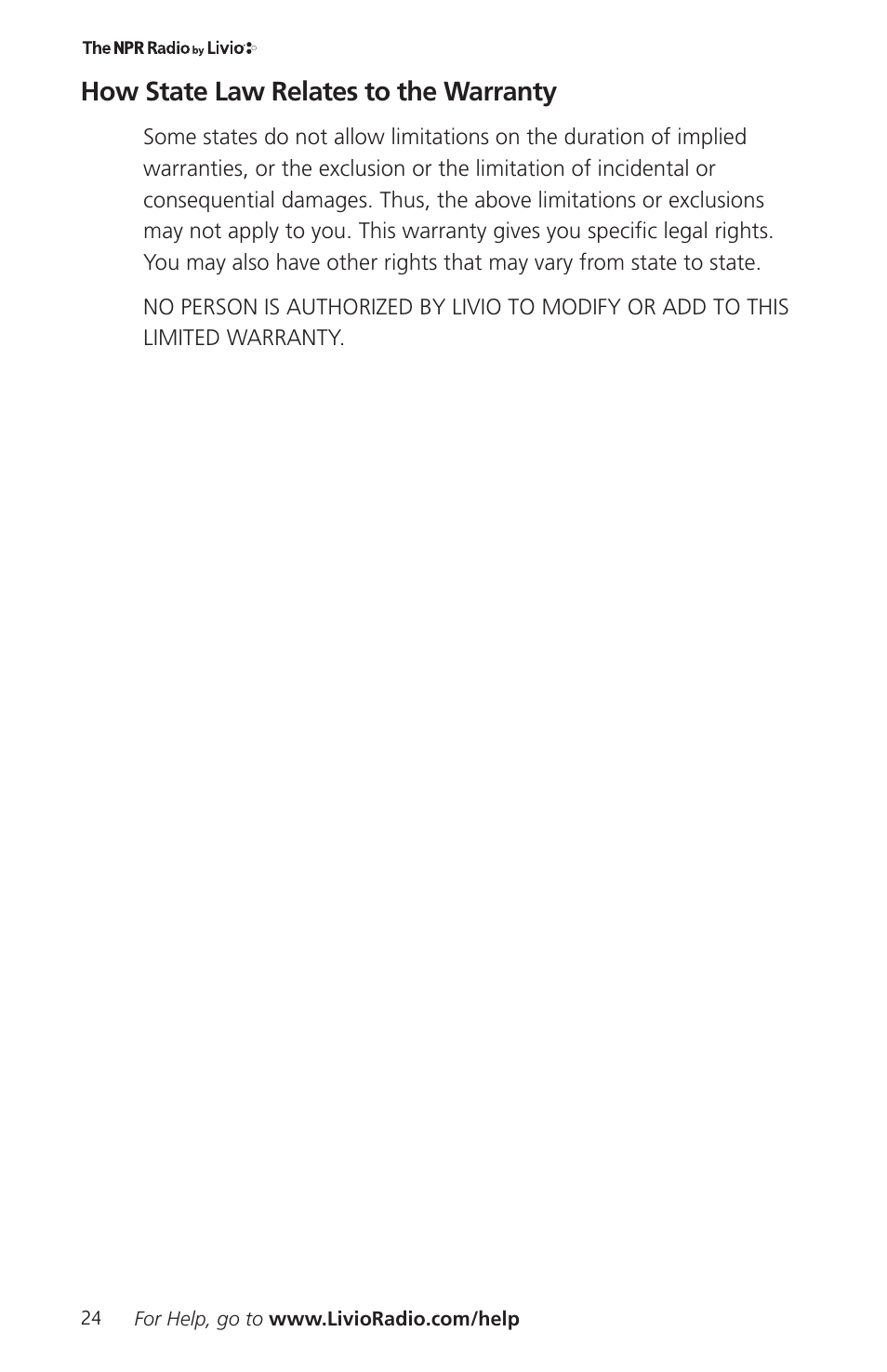 How state law relates to the warranty | Livio Radio LV002 User Manual | Page 26 / 28