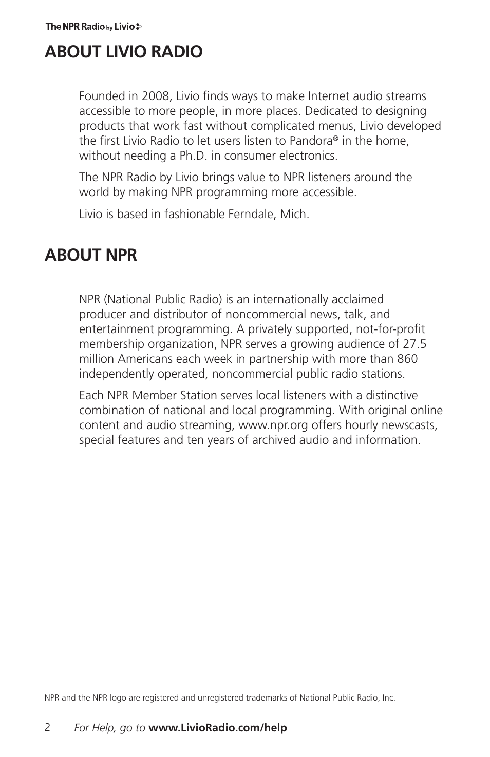 About livio radio, About npr | Livio Radio LV002 User Manual | Page 4 / 28