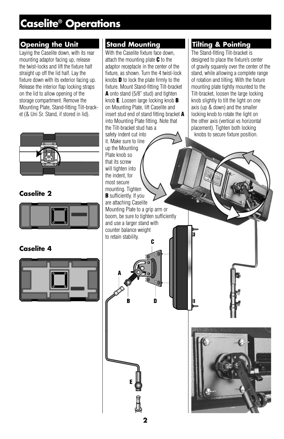 Caselite, Operations | Lowel Light LOWEL CASELITE 2 User Manual | Page 2 / 4