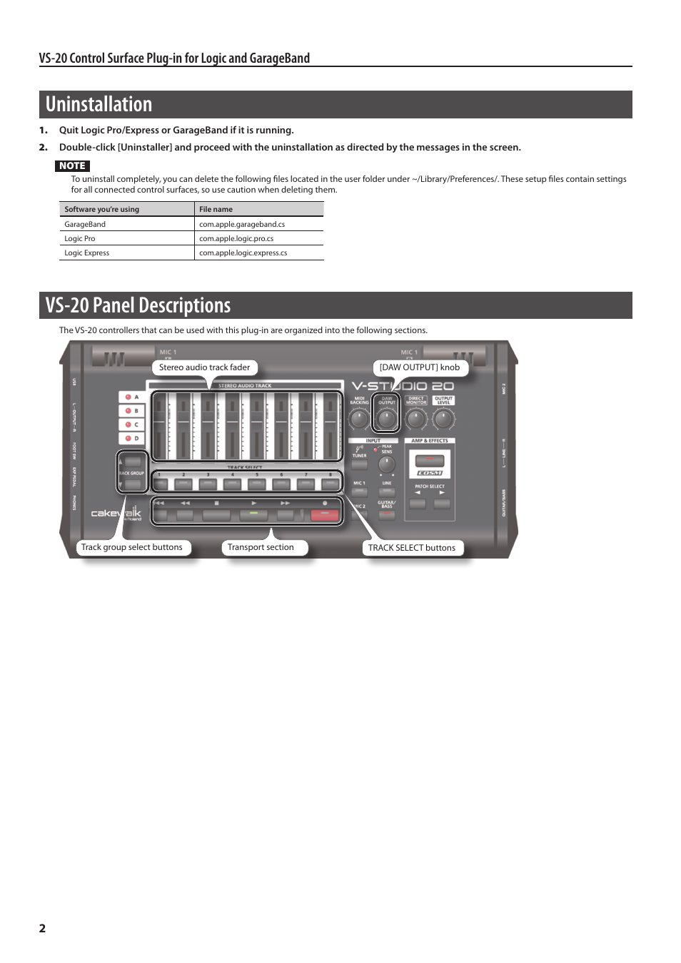 Uninstallation, Vs-20 panel descriptions | Logic Soundlab VS-20 User Manual | Page 2 / 9