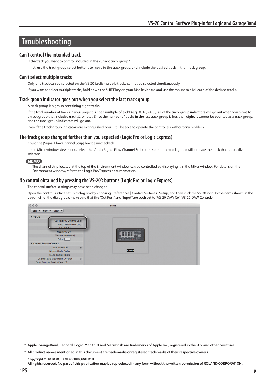 Troubleshooting, Can’t control the intended track, Can’t select multiple tracks | Logic Soundlab VS-20 User Manual | Page 9 / 9