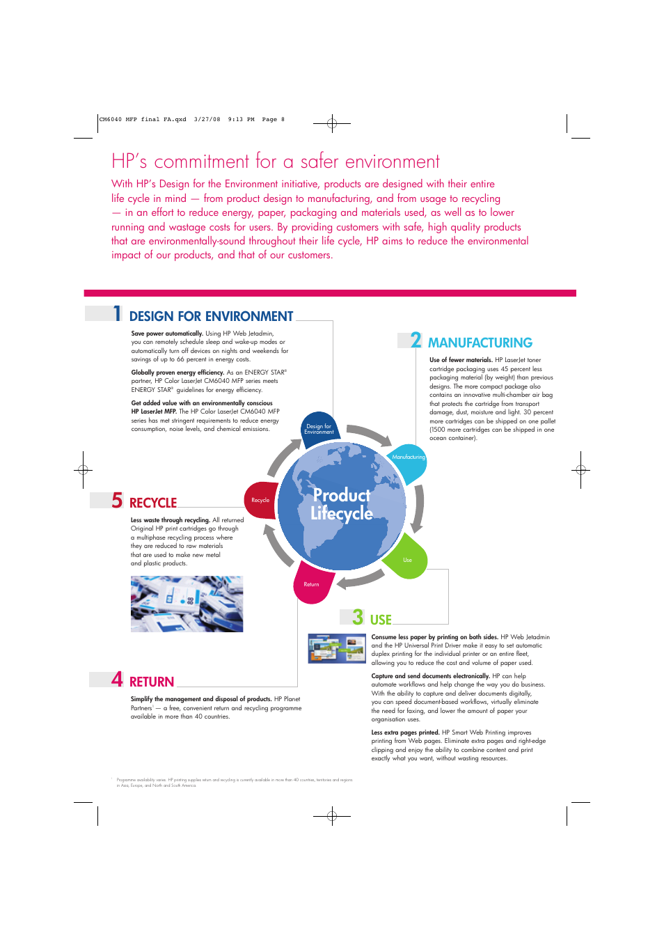 Hp’s commitment for a safer environment, Product lifecycle, Design for environment | Manufacturing, Return, Recycle | Laser Power Systems MFP CM6040 User Manual | Page 10 / 14