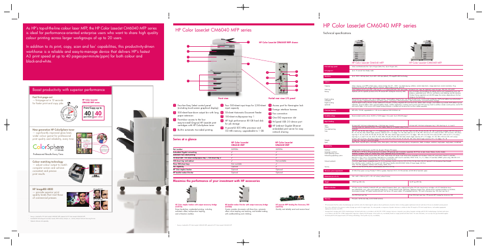 Hp color laserjet cm6040 mfp series, Boost productivity with superior performance, Technical specifications | Fast, Print/copy up to | Laser Power Systems MFP CM6040 User Manual | Page 12 / 14