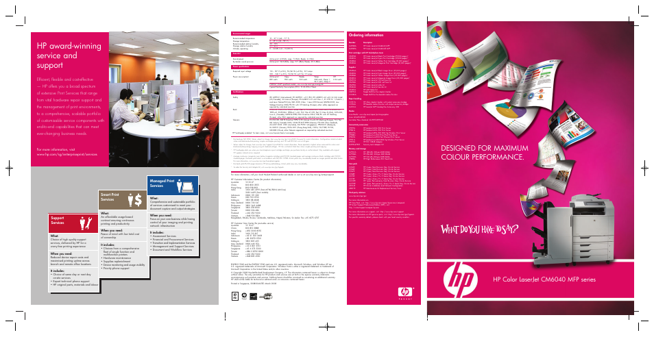 Hp award-winning service and support, Designed for maximum colour performance, Hp color laserjet cm6040 mfp series | Ordering information, Support services, Smart print services, Managed print services | Laser Power Systems MFP CM6040 User Manual | Page 14 / 14