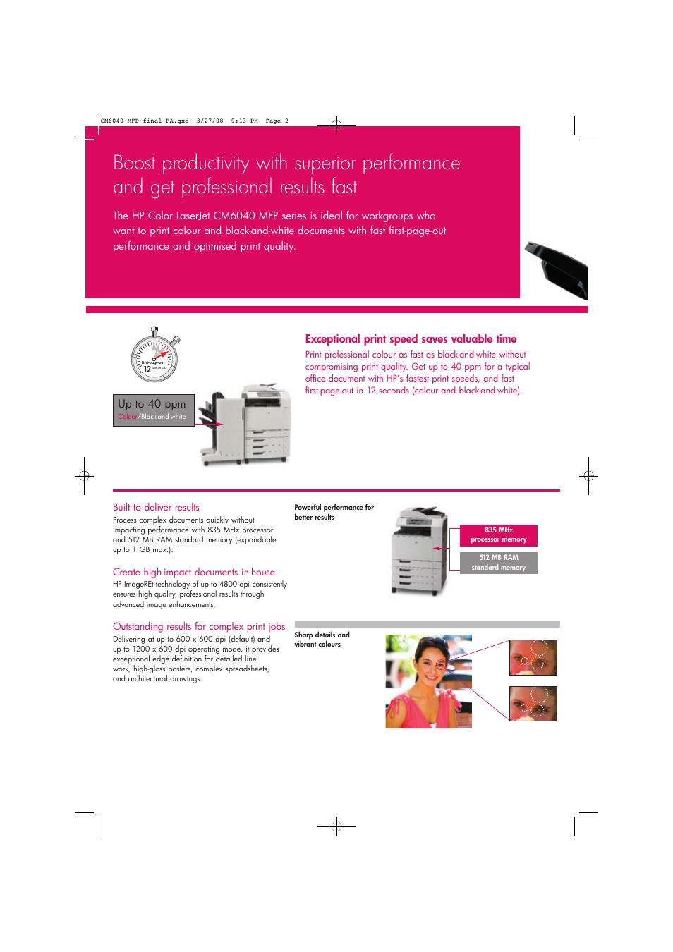 Exceptional print speed saves valuable time, Up to 40 ppm | Laser Power Systems MFP CM6040 User Manual | Page 4 / 14