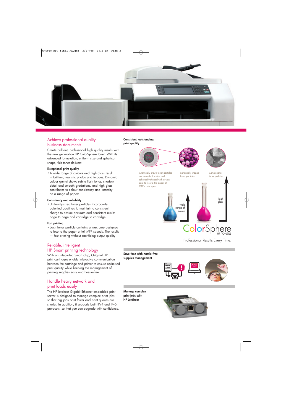 Achieve professional quality business documents, Reliable, intelligent hp smart printing technology, Handle heavy network and print loads easily | Laser Power Systems MFP CM6040 User Manual | Page 5 / 14