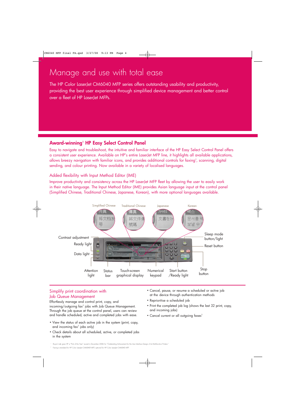 Manage and use with total ease, Award-winning, Hp easy select control panel | Laser Power Systems MFP CM6040 User Manual | Page 6 / 14