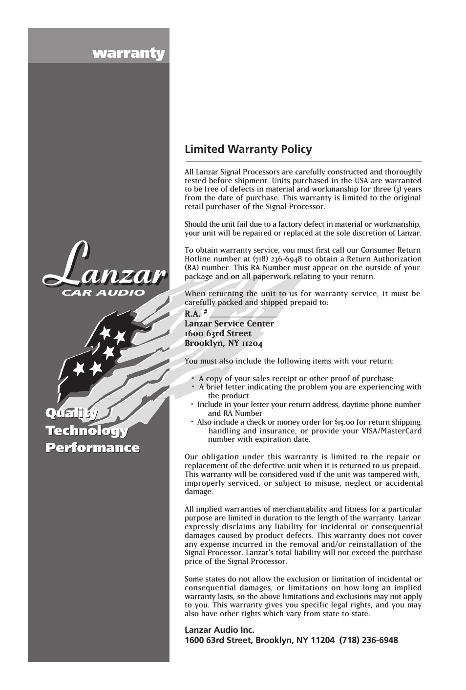 Warranty, Quality technology performance | Lanzar Car Audio SX7 User Manual | Page 12 / 12