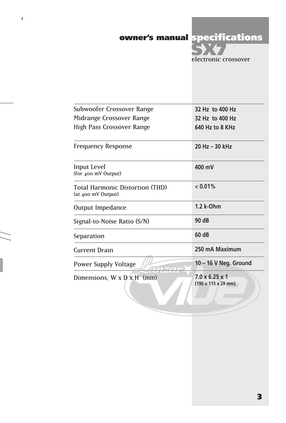 Specifications | Lanzar Car Audio SX7 User Manual | Page 9 / 12