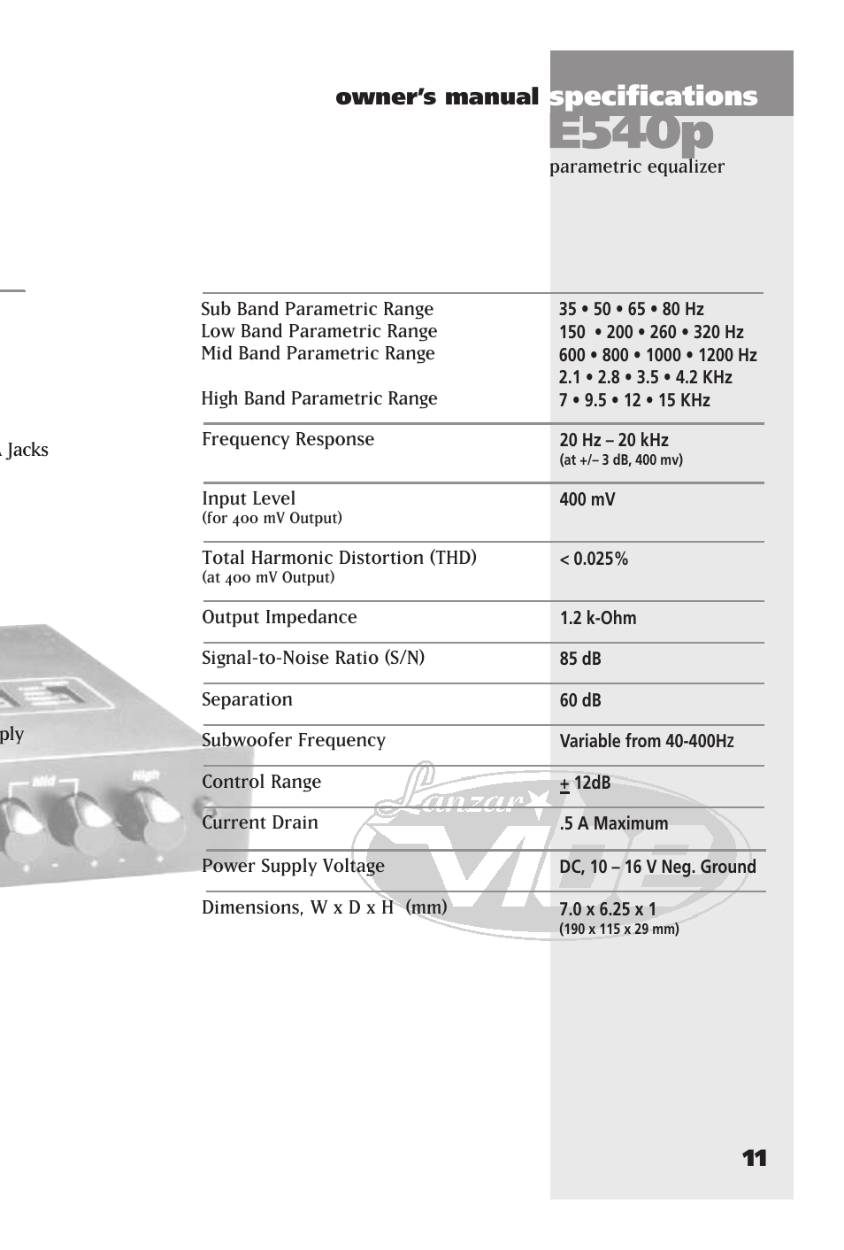 Specifications | Lanzar Car Audio E540P User Manual | Page 15 / 24