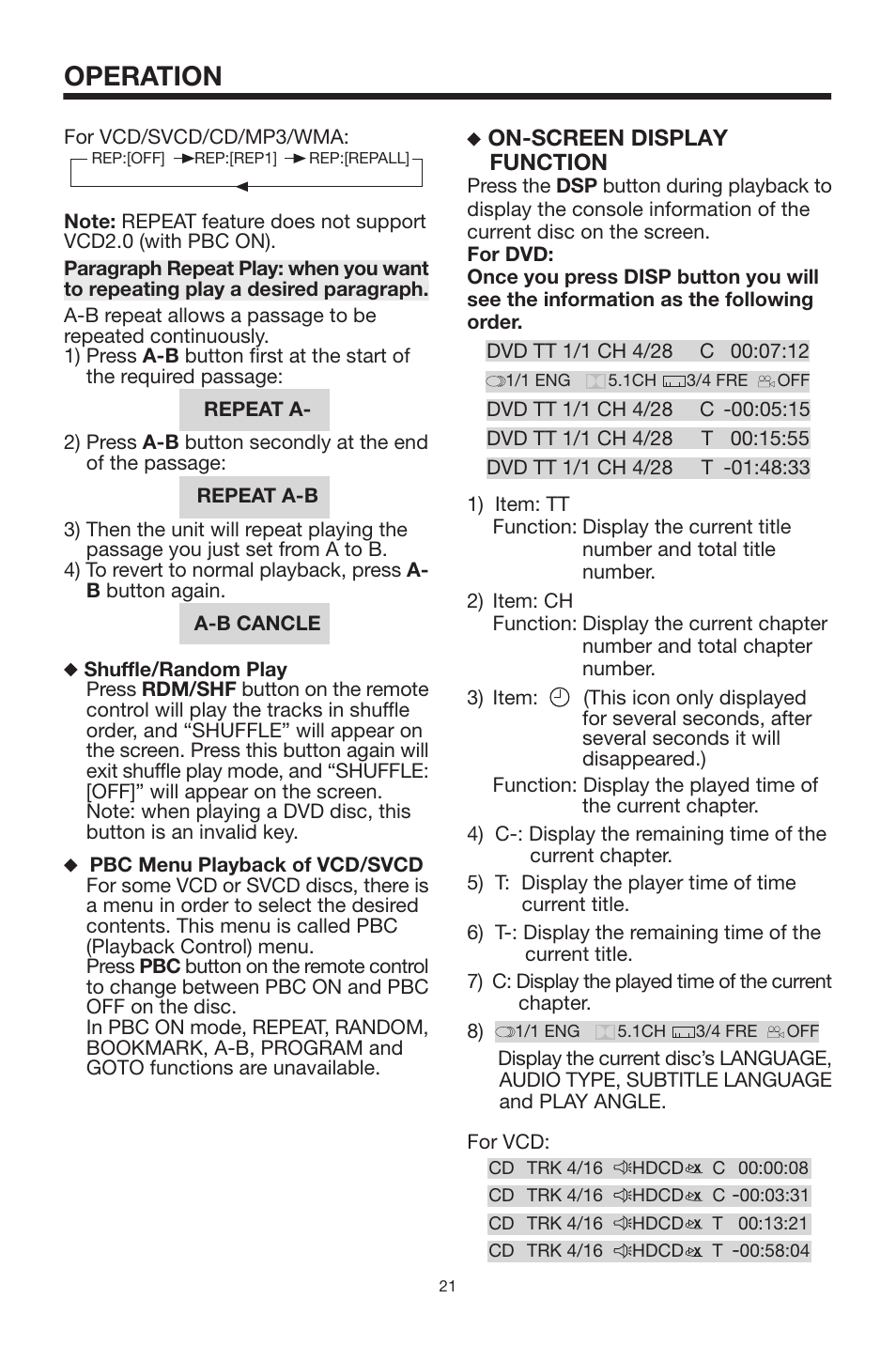 Operation, On-screen display function | Lanzar Car Audio SDBT75NU User Manual | Page 20 / 29