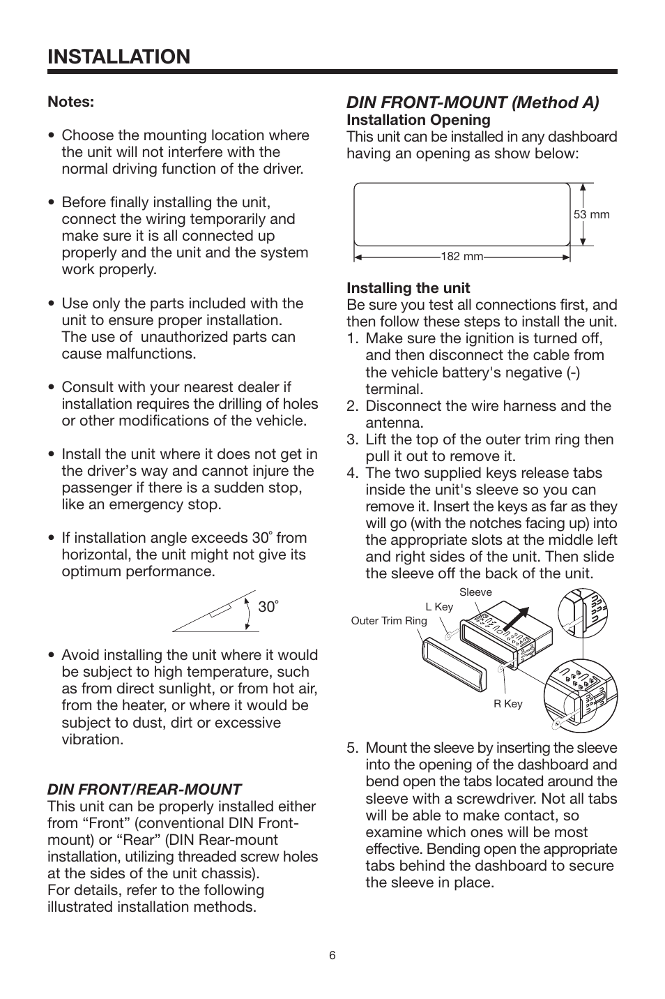 Installation, Din front-mount (method a) | Lanzar Car Audio SDBT75NU User Manual | Page 6 / 29