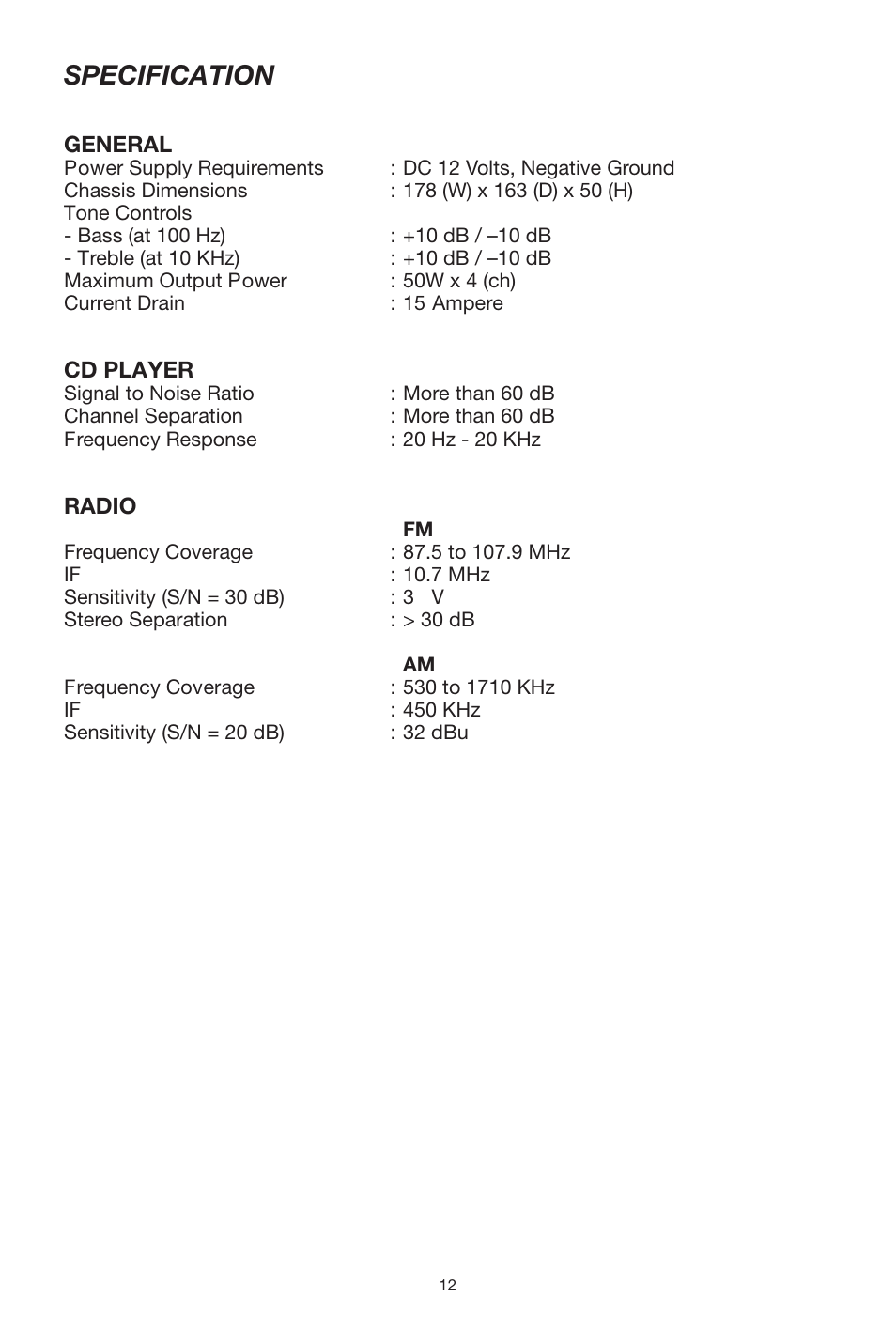 Specification | Lanzar Car Audio Lanzar Vibe VBD500 User Manual | Page 12 / 16