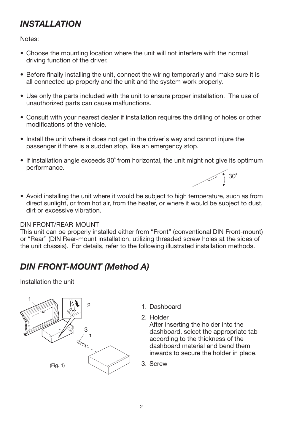 Installation, Din front-mount (method a) | Lanzar Car Audio Lanzar Vibe VBD500 User Manual | Page 2 / 16