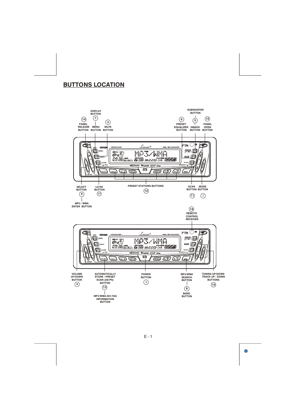 Buttons location, E - 1 | Lanzar Car Audio Lanzar Vibe VBD2600MP User Manual | Page 2 / 23