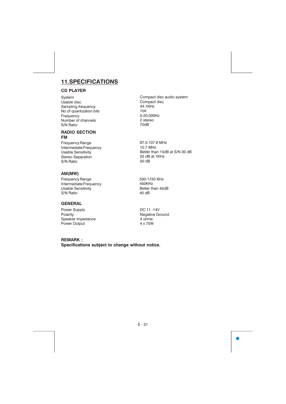 Specifications | Lanzar Car Audio Lanzar Vibe VBD2600MP User Manual | Page 22 / 23