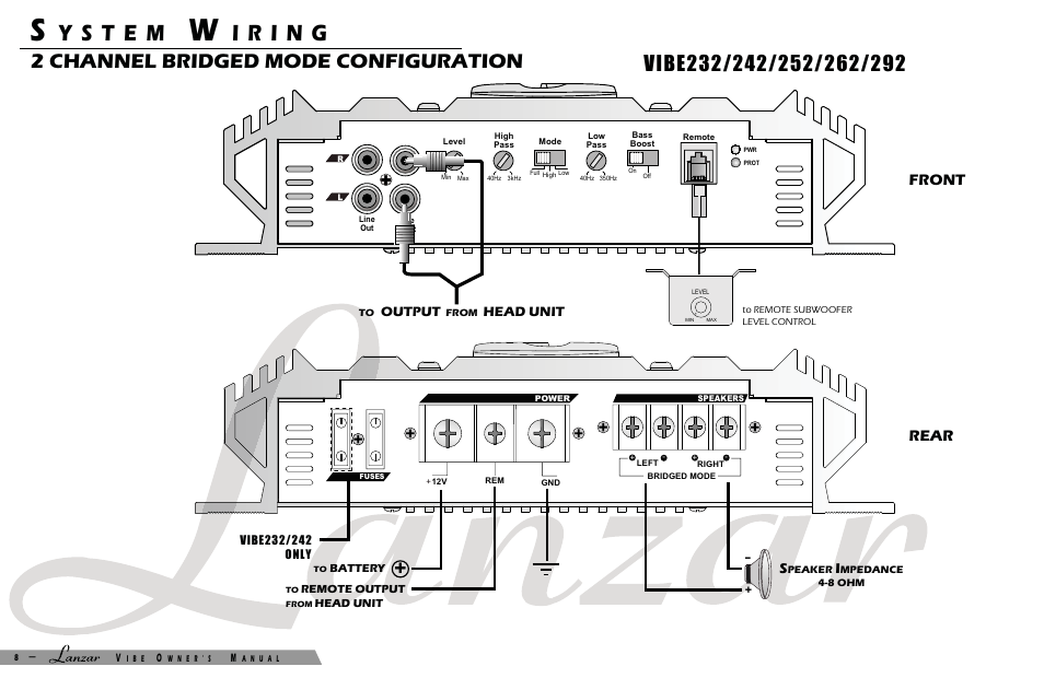 2 channel bridged mode configuration, Front rear | Lanzar Car Audio VIBE 232 User Manual | Page 10 / 20