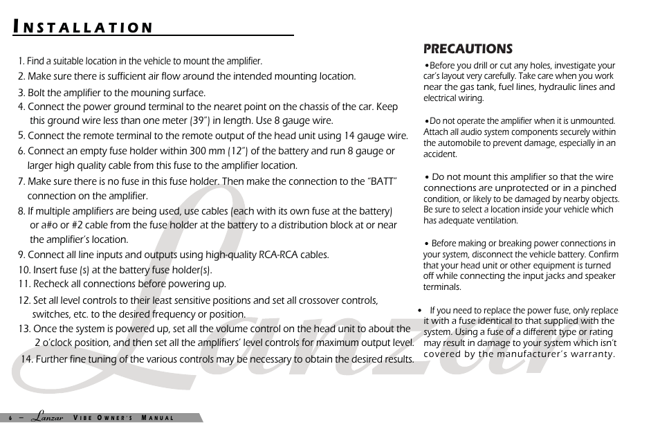 Precautions | Lanzar Car Audio VIBE 232 User Manual | Page 8 / 20