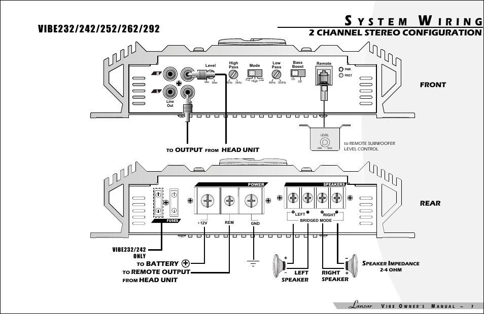 2 channel stereo configuration, Front rear, Battery | Lanzar Car Audio VIBE 232 User Manual | Page 9 / 20