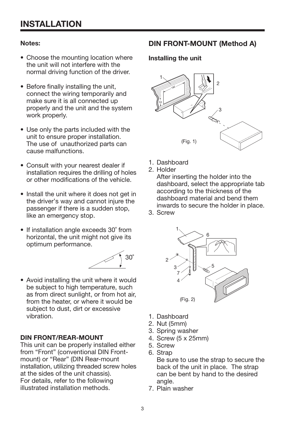 Installation, Din front-mount (method a) | Lanzar Car Audio Lanzar Vibe VBD1800 User Manual | Page 3 / 16