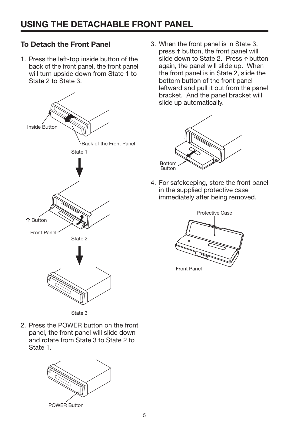 Using the detachable front panel | Lanzar Car Audio Lanzar Vibe VBD1800 User Manual | Page 5 / 16