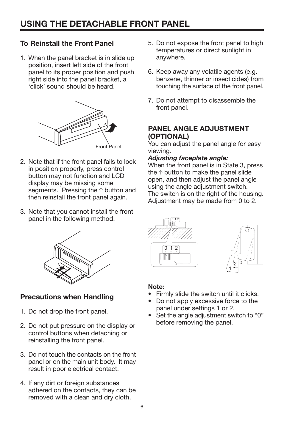 Using the detachable front panel, Panel angle adjustment (optional), Precautions when handling | Lanzar Car Audio Lanzar Vibe VBD1800 User Manual | Page 6 / 16