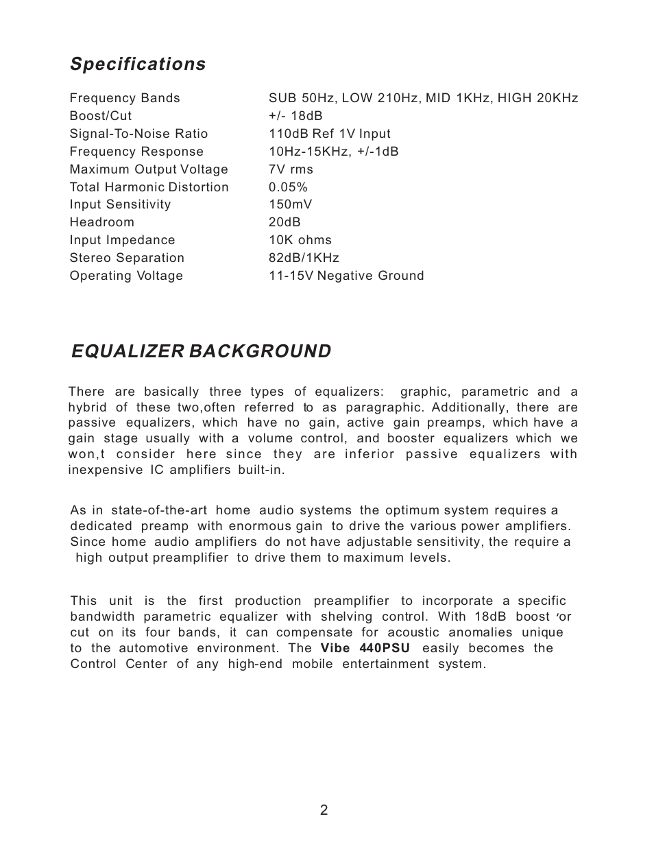 Equalizer background, Specifications | Lanzar Car Audio 440PSU User Manual | Page 3 / 8