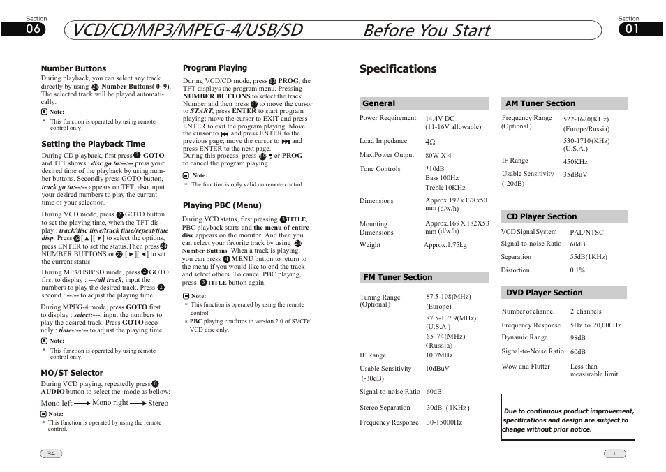 Before you start, Vcd/cd/mp3/mpeg-4/usb/sd, Specifications | Lanzar Car Audio SD34MIP User Manual | Page 11 / 22