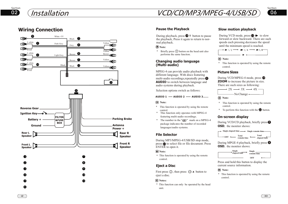 Installation, Vcd/cd/mp3/mpeg-4/usb/sd, Wiring connection | Lanzar Car Audio SD34MIP User Manual | Page 12 / 22