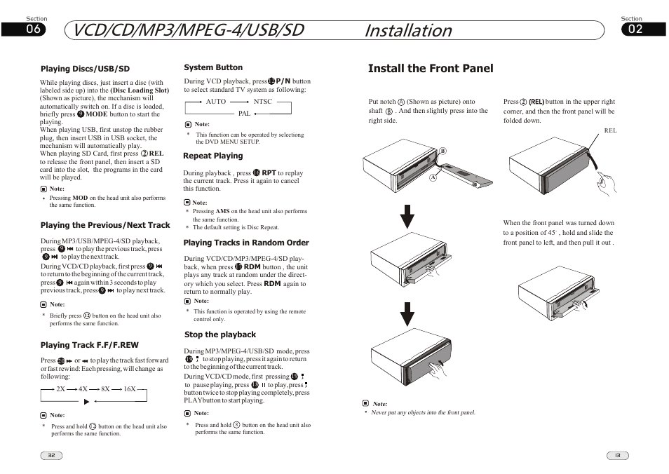 Installation, Vcd/cd/mp3/mpeg-4/usb/sd, Install the front panel | Lanzar Car Audio SD34MIP User Manual | Page 13 / 22