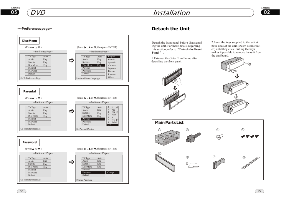 Installation dvd, Detach the unit, Main parts list | Lanzar Car Audio SD34MIP User Manual | Page 15 / 22