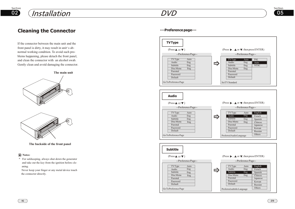 Dvd installation, Cleaning the connector | Lanzar Car Audio SD34MIP User Manual | Page 16 / 22