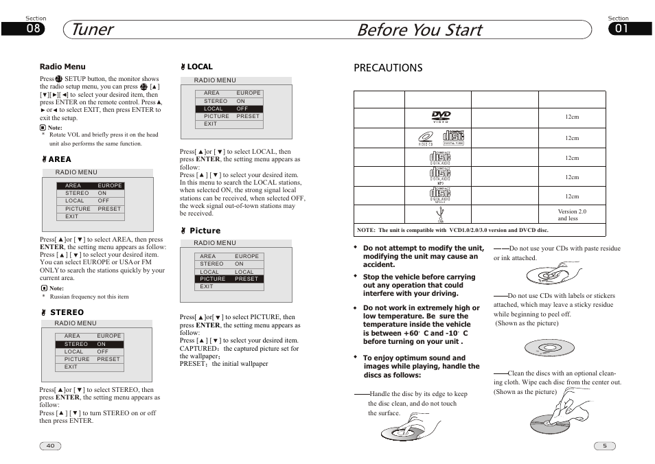 Before you start tuner, Precautions | Lanzar Car Audio SD34MIP User Manual | Page 5 / 22