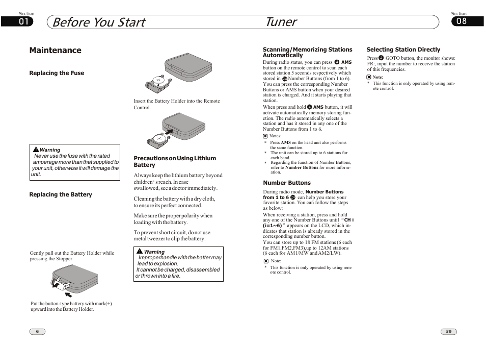 Before you start, Tuner, Maintenance | Lanzar Car Audio SD34MIP User Manual | Page 6 / 22